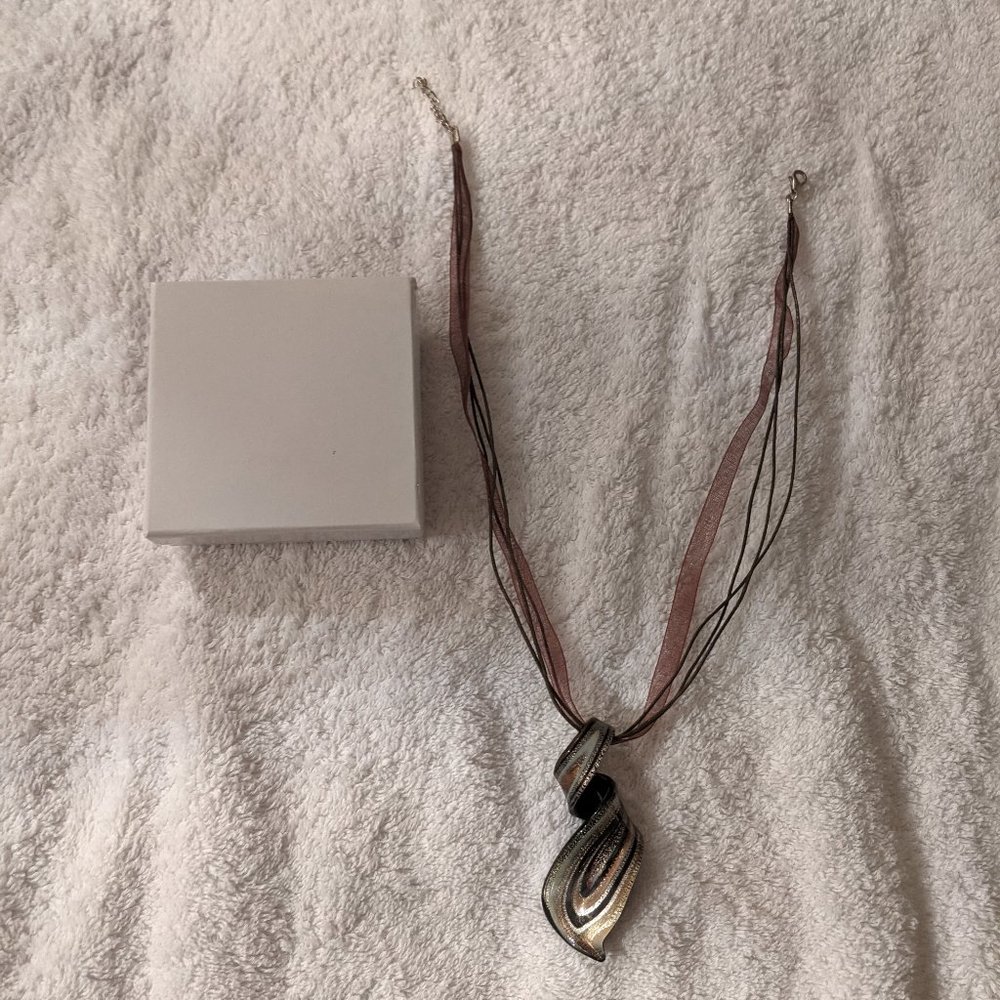 Italian Murano Style Glass Pendant Necklace - Black & Gold Swirl